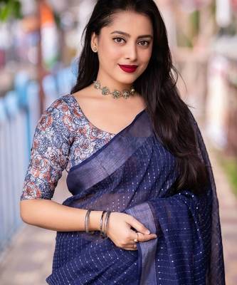 blue embellished sequinned linen saree 3