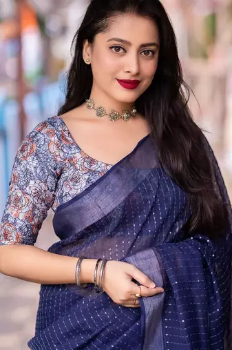 blue embellished sequinned linen saree