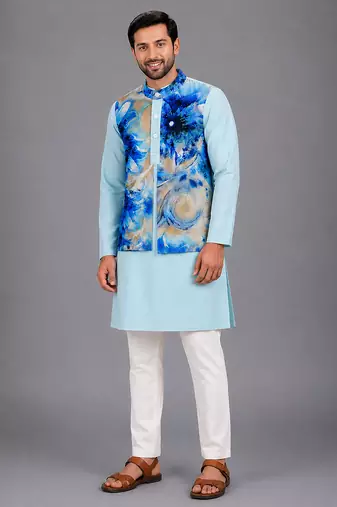 pastel blue printed cotton silk kurta set for men