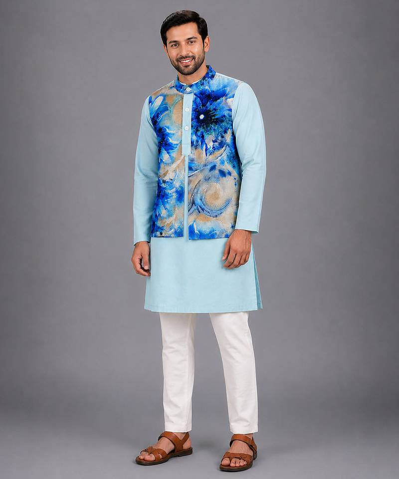 pastel blue printed cotton silk kurta set for men