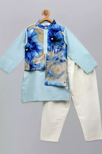 pastel blue printed cotton silk kurta set for men