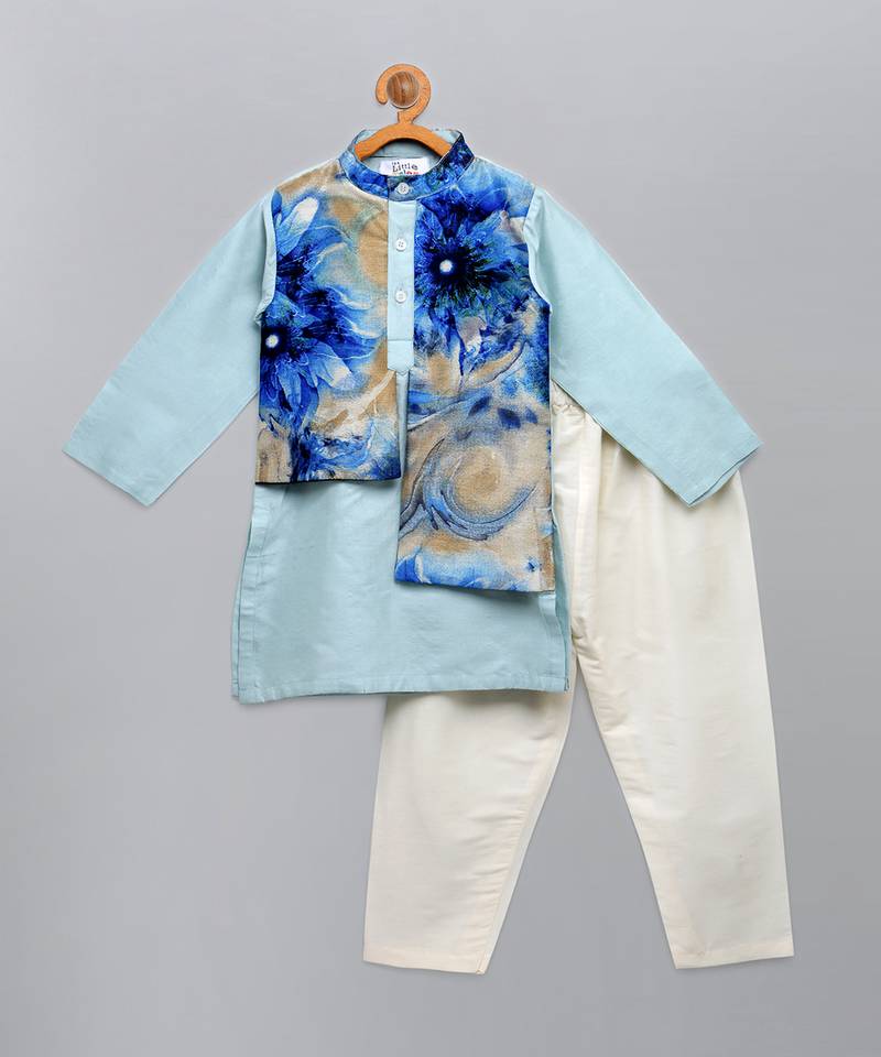 pastel blue printed cotton silk kurta set for men
