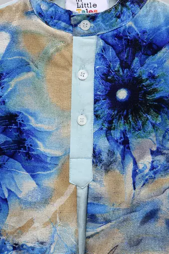 pastel blue printed cotton silk kurta set for men