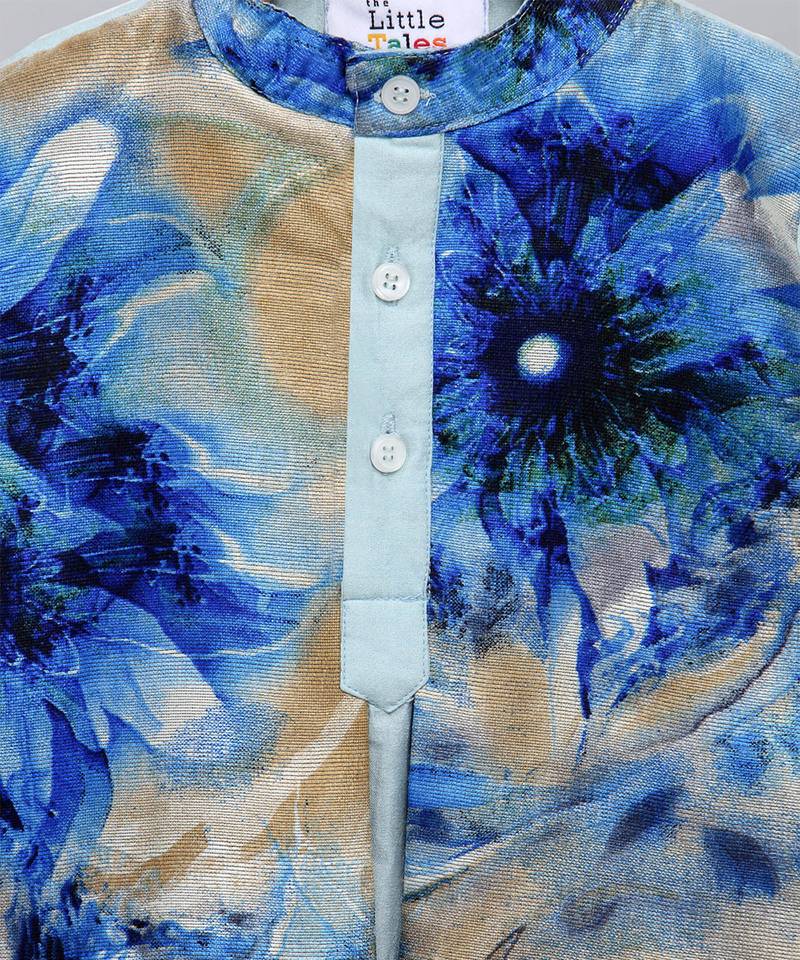 pastel blue printed cotton silk kurta set for men