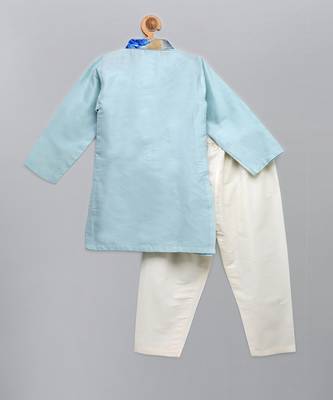 pastel blue printed cotton silk kurta set for men 6