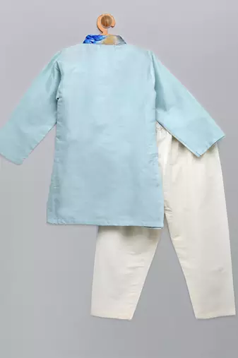 pastel blue printed cotton silk kurta set for men