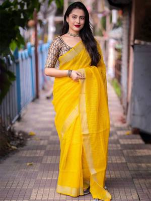 yellow embellished zari linen saree 1