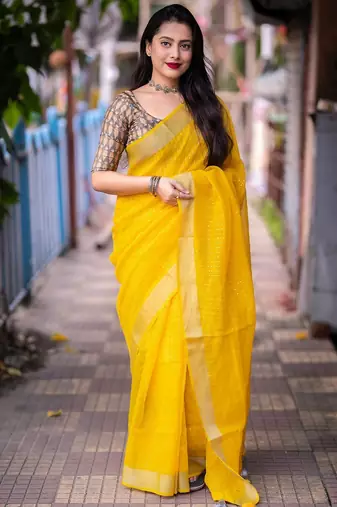 yellow embellished zari linen saree