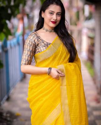 yellow embellished zari linen saree 2