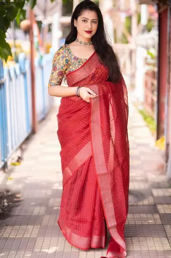 red woven design zari linen saree
