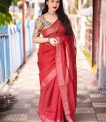 red woven design zari linen saree