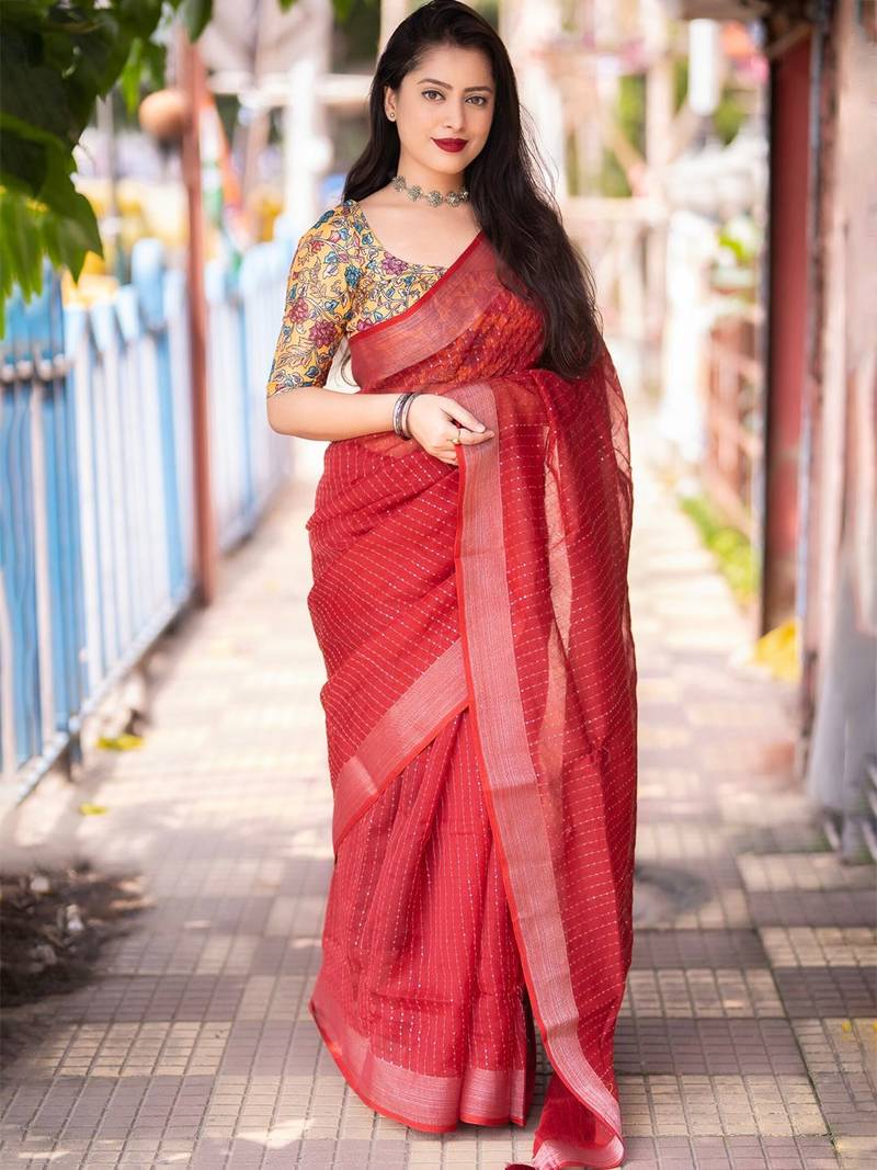 red woven design zari linen saree