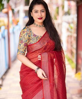red woven design zari linen saree 2