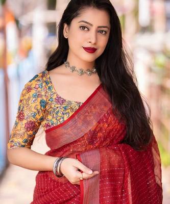 red woven design zari linen saree 3
