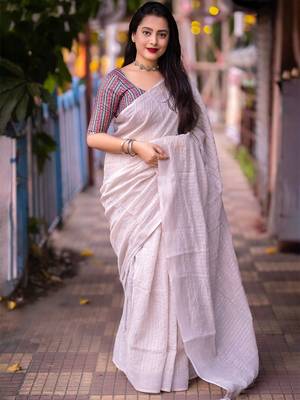 white embellished sequinned linen saree 1