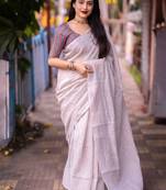 white embellished sequinned linen saree