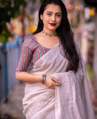 white embellished sequinned linen saree 2
