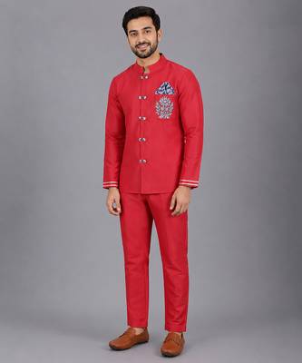 Red embroidered cotton silk Men Bandhgala and Pant 1