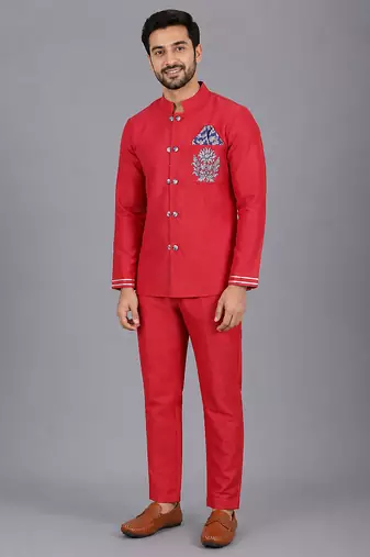 Red embroidered cotton silk Men Bandhgala and Pant