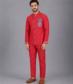 Red embroidered cotton silk Men Bandhgala and Pant