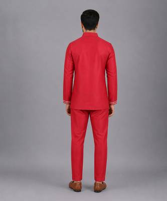 Red embroidered cotton silk Men Bandhgala and Pant 2