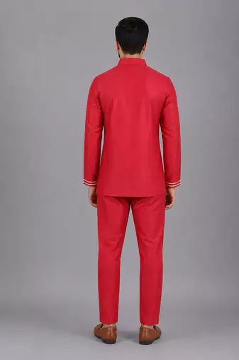 Red embroidered cotton silk Men Bandhgala and Pant