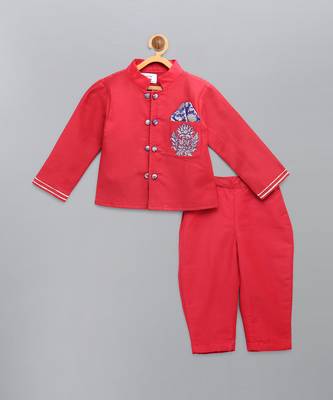 Red embroidered cotton silk Men Bandhgala and Pant 5