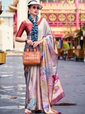grey floral printed satin saree with unstitched blouse piece 1