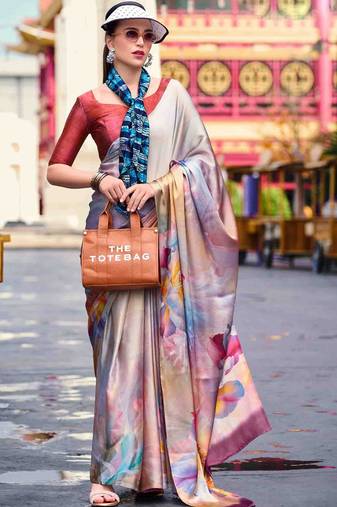 grey floral printed satin saree with unstitched blouse piece