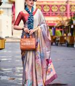 grey floral printed satin saree with unstitched blouse piece