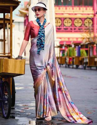 grey floral printed satin saree with unstitched blouse piece 2