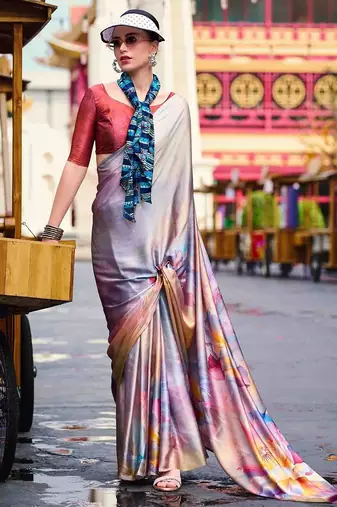 grey floral printed satin saree with unstitched blouse piece