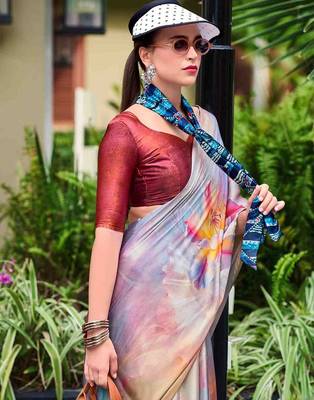 grey floral printed satin saree with unstitched blouse piece 3