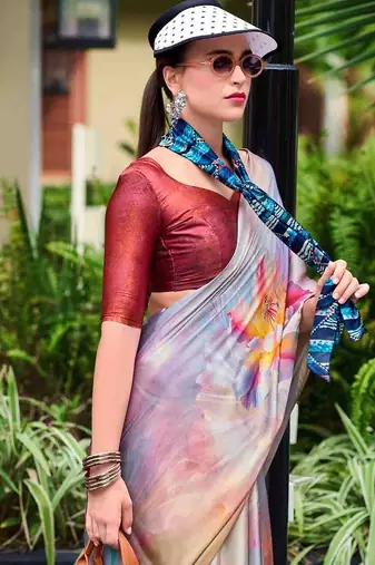grey floral printed satin saree with unstitched blouse piece