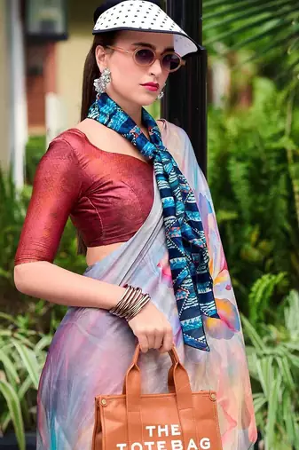 grey floral printed satin saree with unstitched blouse piece