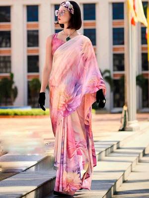 peach floral printed saree with blouse piece 1