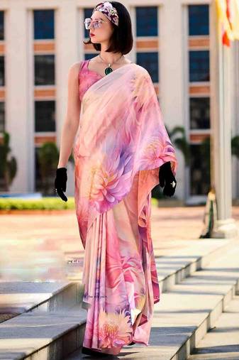 peach floral printed saree with blouse piece