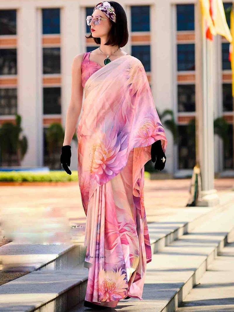 peach floral printed saree with blouse piece