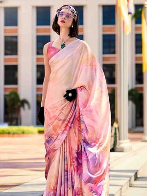 peach floral printed saree with blouse piece 2