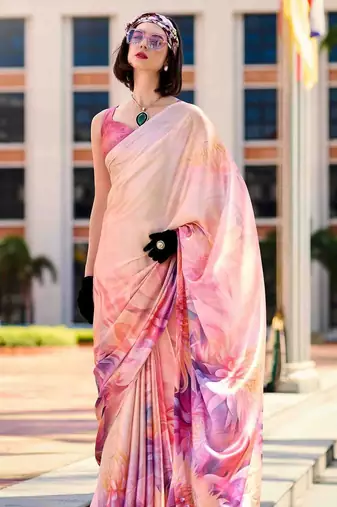 peach floral printed saree with blouse piece