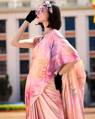 peach floral printed saree with blouse piece 3