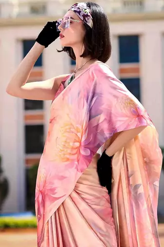 peach floral printed saree with blouse piece