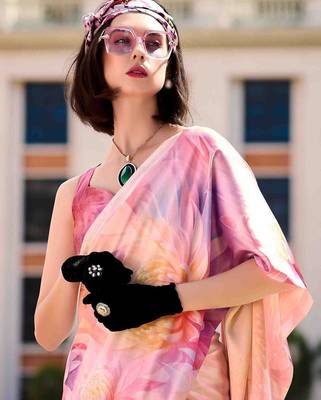 peach floral printed saree with blouse piece 4