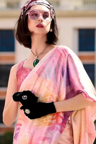 peach floral printed saree with blouse piece