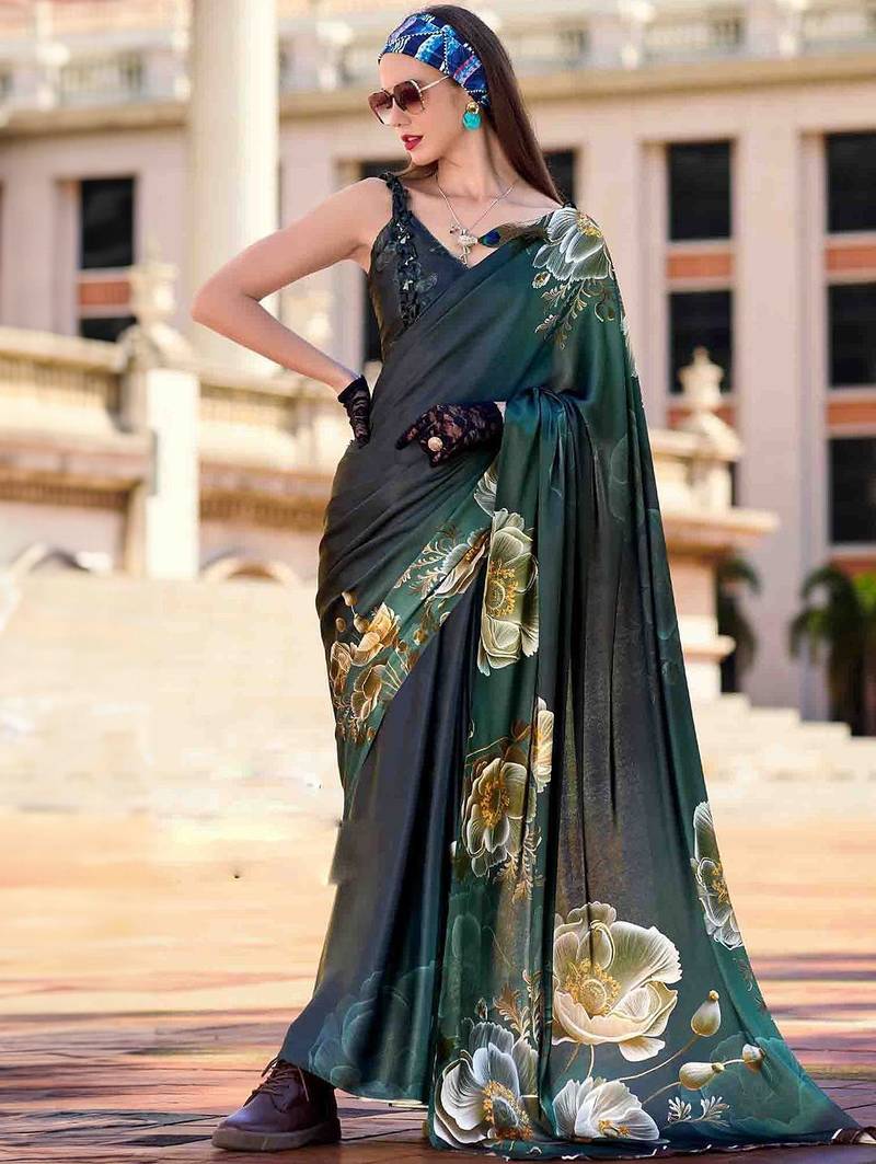 green floral printed saree