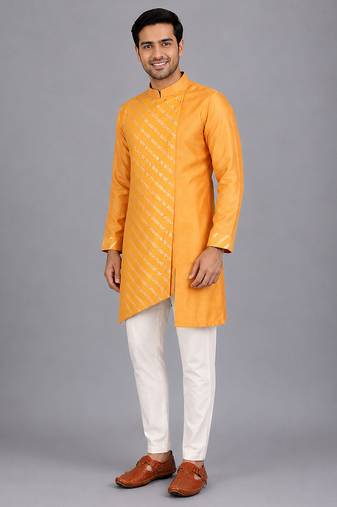 Marigold orange cotton silk Men Kurta Set