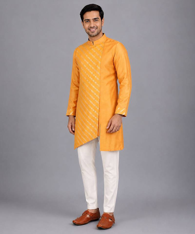 Marigold orange cotton silk Men Kurta Set