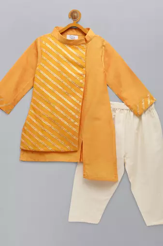 Marigold orange cotton silk Men Kurta Set