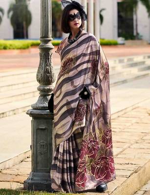 beige floral satin saree 1