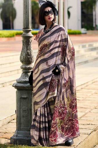 beige floral satin saree